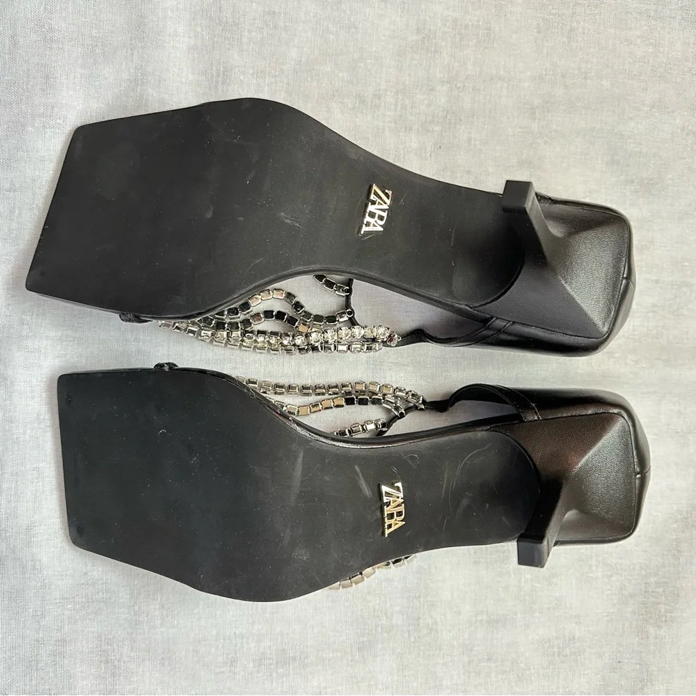 New Zara $129 Rhinestone Square Toe Black Sandals 1343/610 Size 10 RARE - Picture 11 of 16